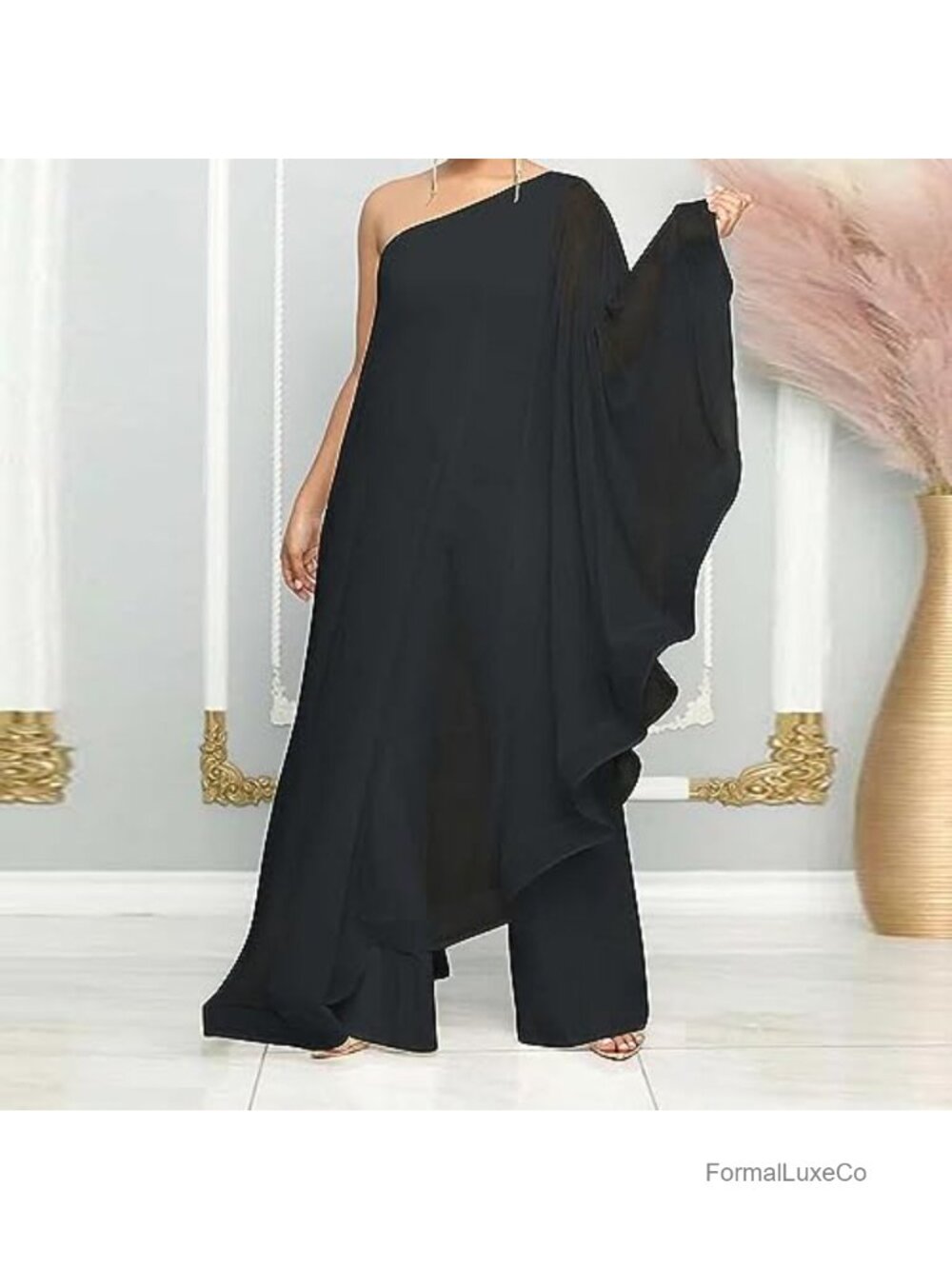 Women's One Shoulder Ruffle Jumpsuit Wide Leg Long Pants Polyester Blend Dressy - Picture 2 of 6